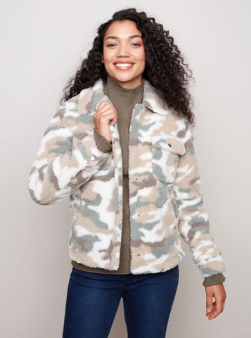 CharlieB Printed Sherpa Button Front Short Knit Jacket [Pine-C6227]