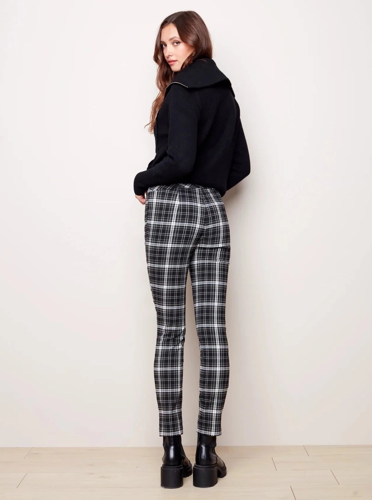 CharlieB Pull-on Double Weave Jacquard Plaid Trouser [Black-C5292]