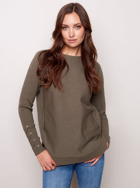Sweater with Criss Cross Sleeve Detail [Pine-C2380R]