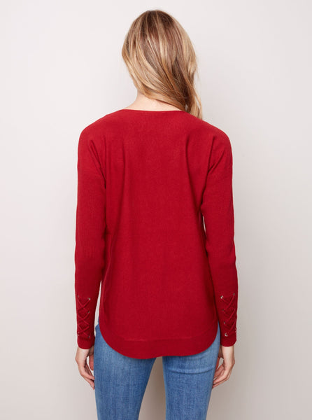 CharlieB Sweater with Criss Cross Sleeve Detail [Scarlet-C2380R]