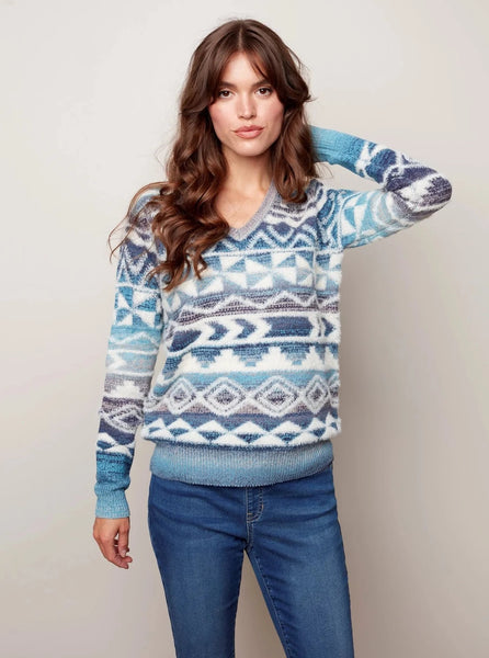 CharlieB V Neck Fuzzy Sweater with Geometric Pattern [Frost-C2393R]