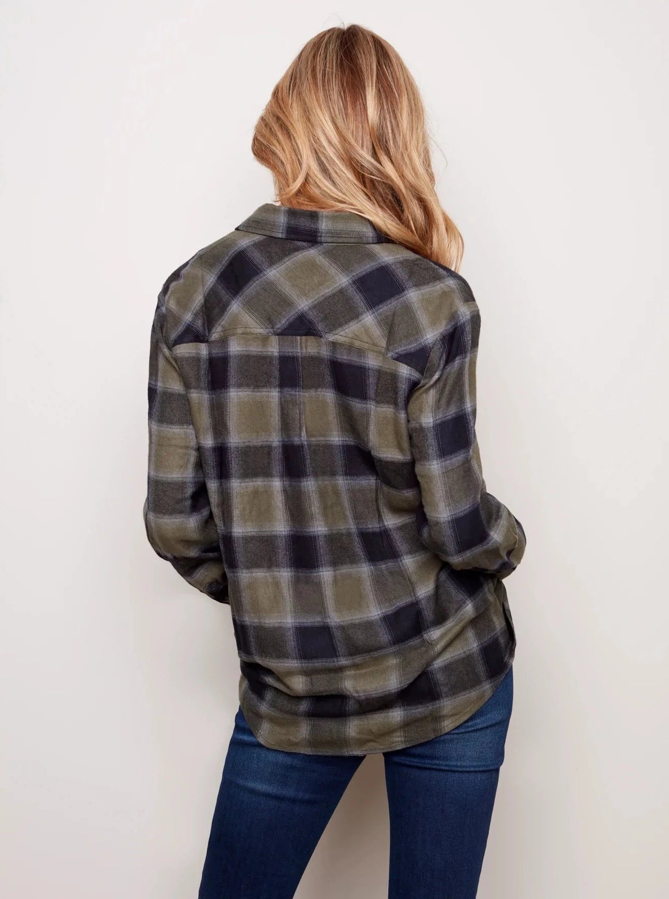 Charlieb Button Down Plaid Blouse with Chest Pocket [Pine-C4455]