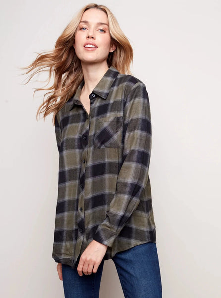 Charlieb Button Down Plaid Blouse with Chest Pocket [Pine-C4455]