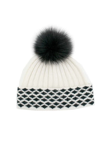 Diamond Boarder Kitted Hat Fox Pom Pom [Black/White-HTAN47]