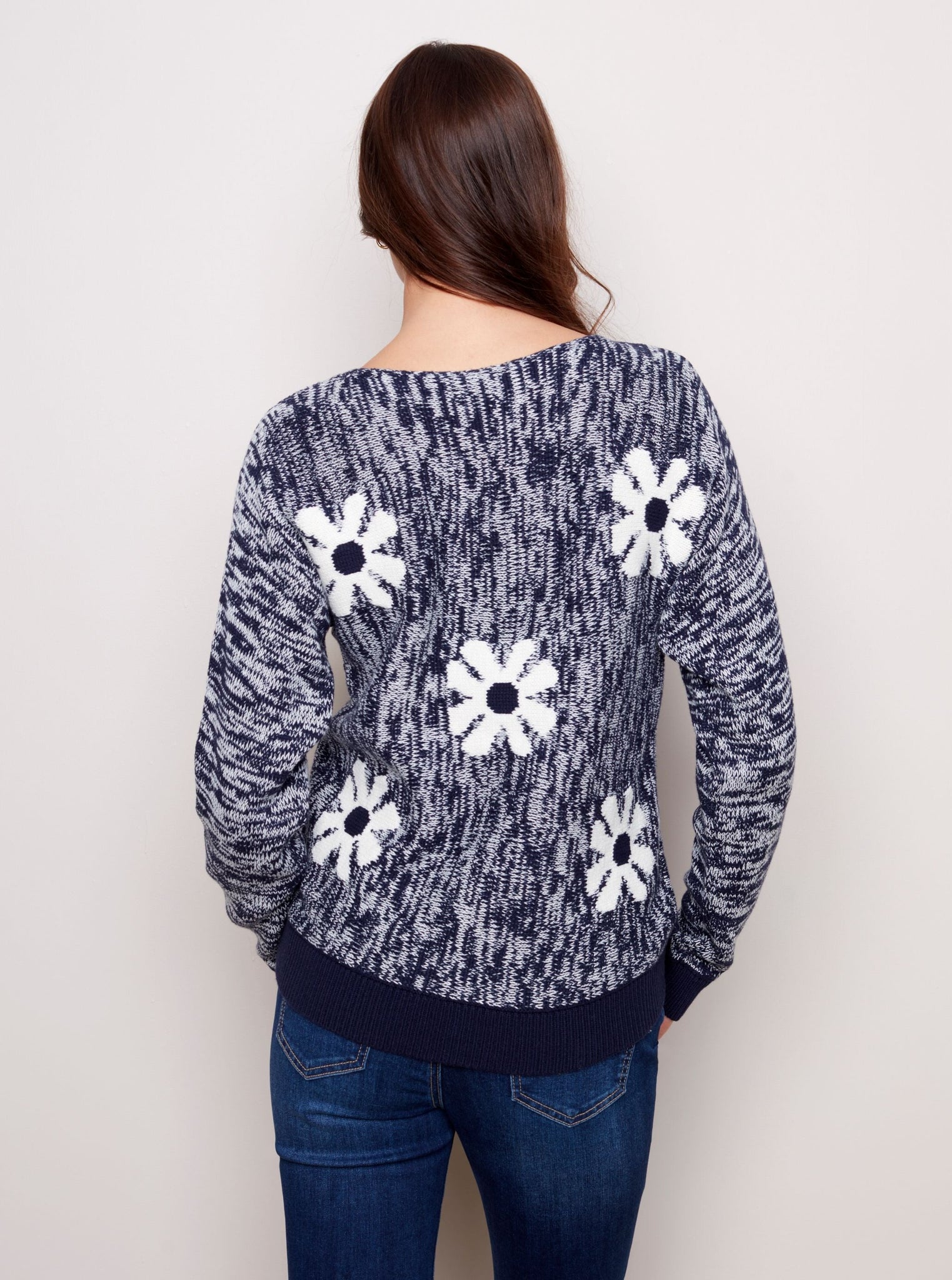 Dolman-Sleeve Boat-Neck Sweater with Flower Jacquard Design [Denim-C2463]