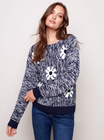 Dolman-Sleeve Boat-Neck Sweater with Flower Jacquard Design [Denim-C2463]