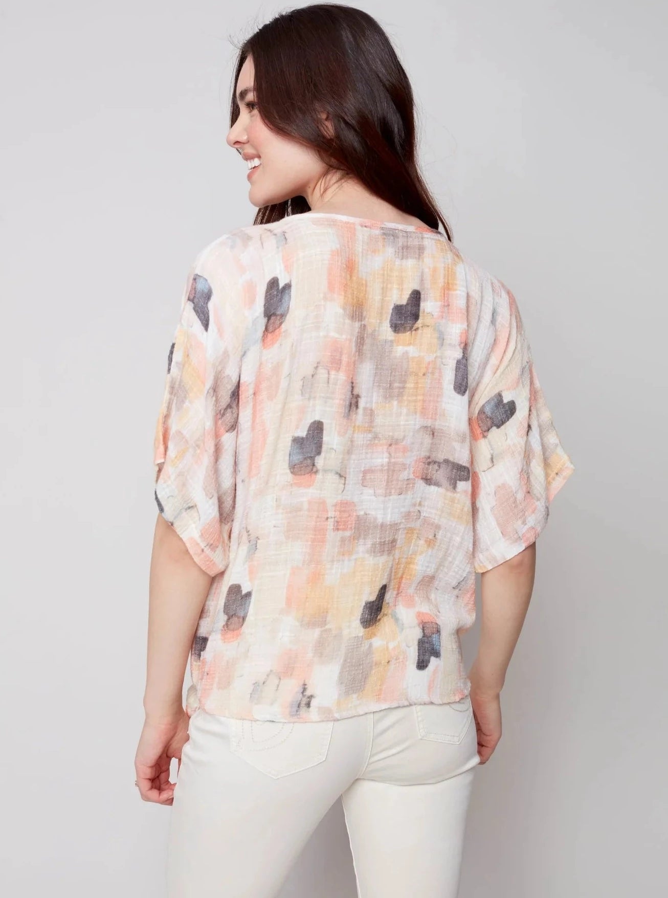 Dolman Cotton Blouse With Bottom Tie [Abstract-C4403]