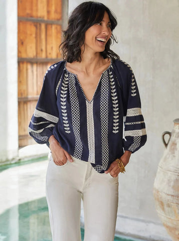 Embroidered Peasant Top [Navy-1L67160]