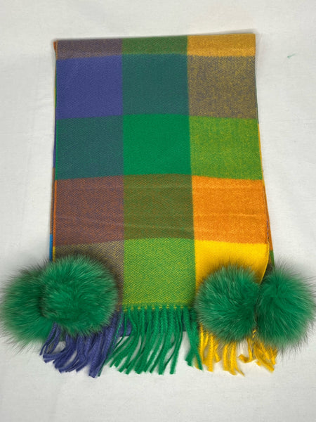 100% viscose scarf Color blocking: green, orange, blue, red, yellow Green fox fur poms