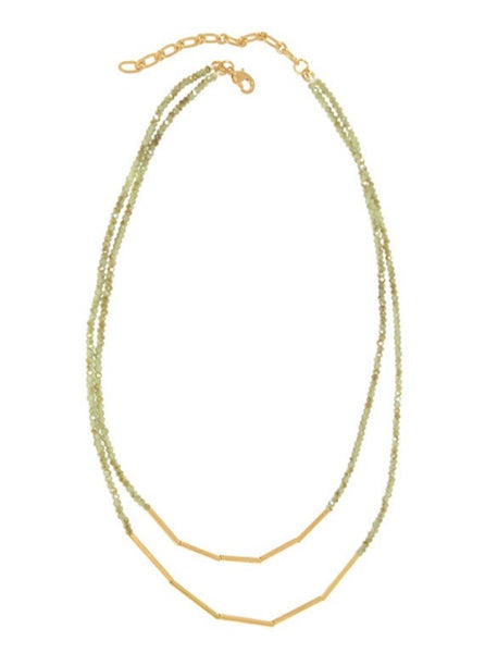 Gold Green 2 Row Crystal Necklace [338-188NG]