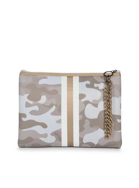 The original Haute Shore Beth Clutch in "Safari" color.  - Taupe Camo Neoprene Bag  - Charcoal and rose gold stripe  - Top zip opening  - Includes 2 wristlet straps: charcoal/rose gold, gunmetal chain  - 10.5in. x 7.5in.