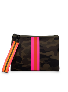 Haute Shore Beth Clutch in Showoff Green Camo Hot pink and Orange stripe