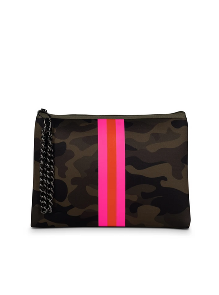 Haute Shore Beth Clutch in Showoff Green Camo Hot pink and Orange stripe