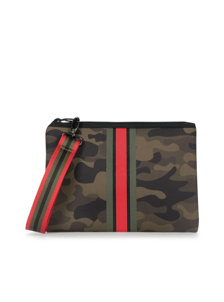 Haute Shore Beth Clutch in Soho green camo with green red and black stripe