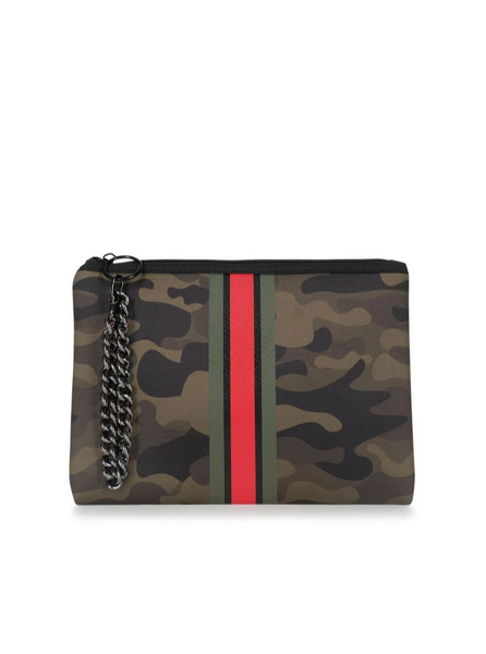 Haute Shore Beth Clutch in Soho green camo with green red and black stripe