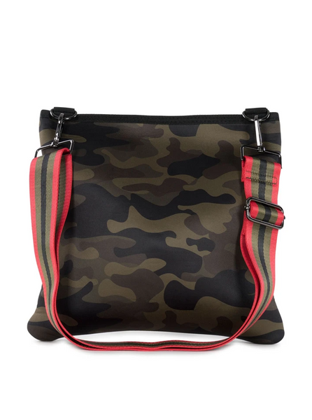 Haute Shore Peyton Crossbody Bag in soho green camo with red black and olive stripe