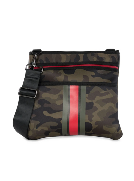 Haute Shore Peyton Crossbody Bag in soho green camo with red black and olive stripe
