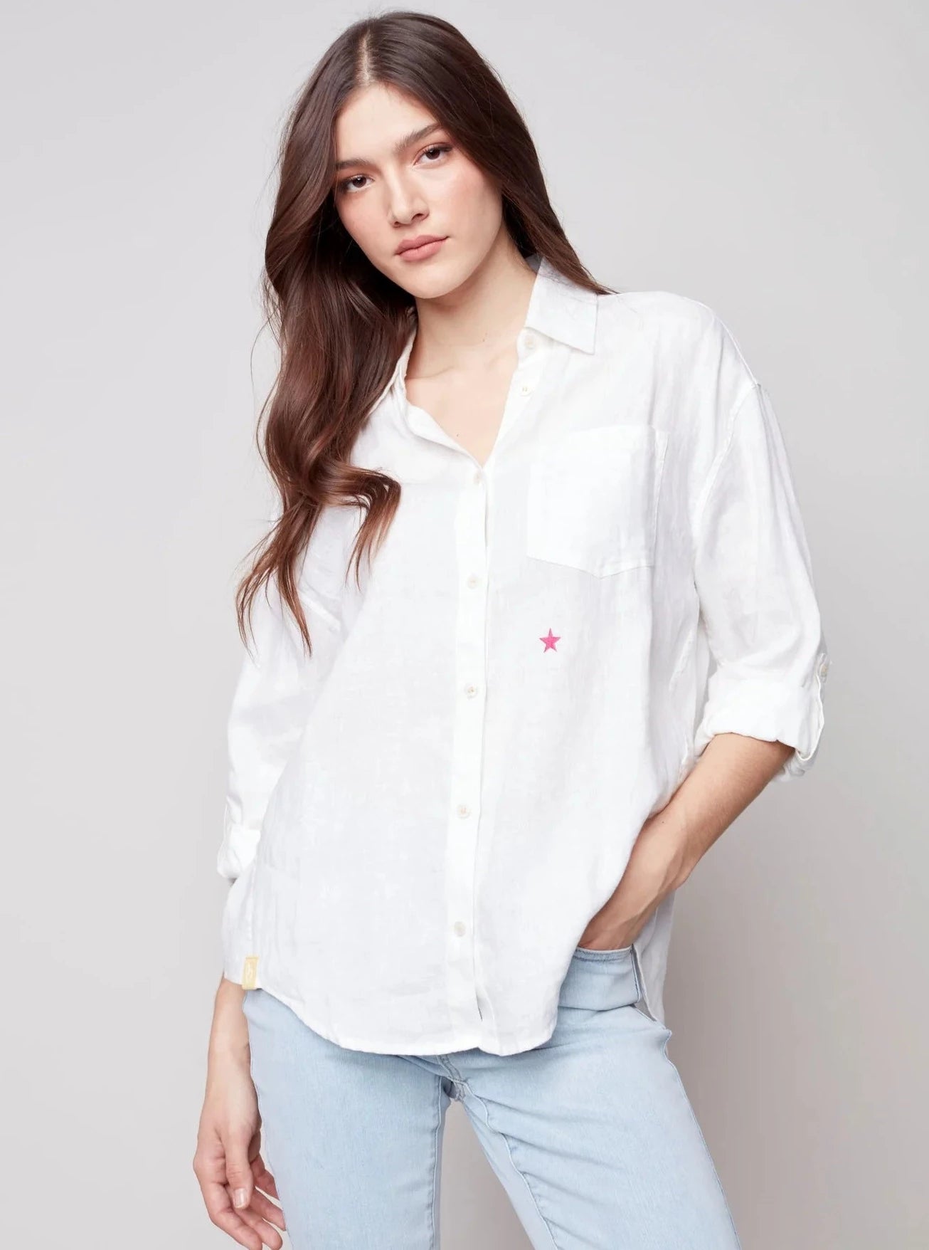 Hi Lo Button Down Blouse With Roll On Sleeve [White-C4444]