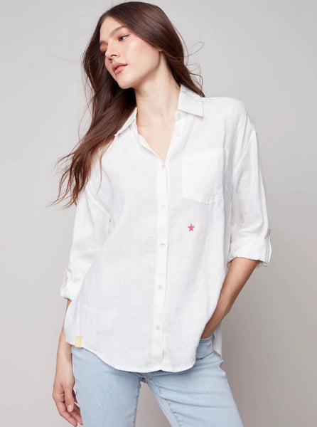Hi Lo Button Down Blouse With Roll On Sleeve [White-C4444]