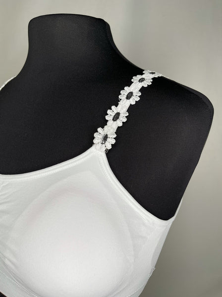 StrapITS Strap Its elastic band bra with adjustable straps white bra with black and white embroidered flower