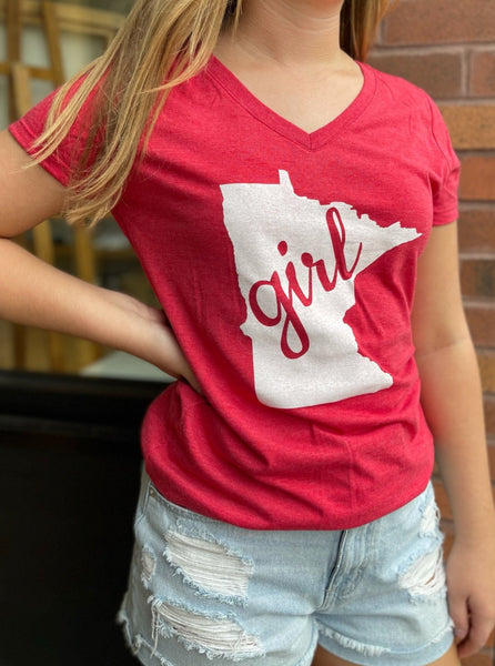 close up of red frost mn girl state short sleeve v-neck t-shirt