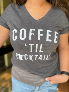 close up of connie's tees heathered charcoal coffee til cocktails womens v neck t shirt