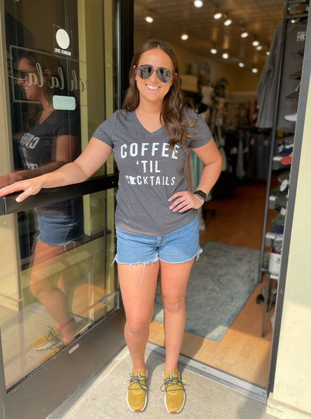 heathered charocoal connie's tees coffee til cocktails mn womens v neck t shirt styled with denim shorts and sorel sneakers