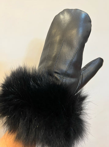 Leather Mittens with Black Fox Fur Trim [Black-MTHUO1]