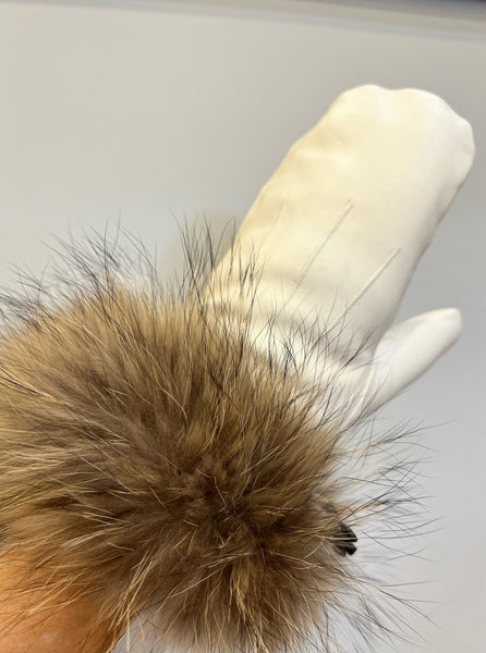 Leather Mittens with Finn Raccoon Fur Trim [Ivory-MTHU01]