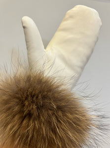 Leather Mittens with Finn Raccoon Fur Trim [Ivory-MTHU01]