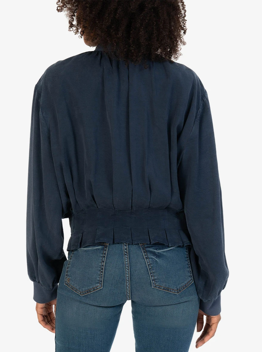 Back view of Kut from the Kloth alina pleated bomber jacket in navy 