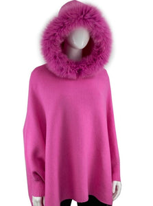 Knitted Hoodie with Fox Trim Down the Hood [Pink-POYUW2]