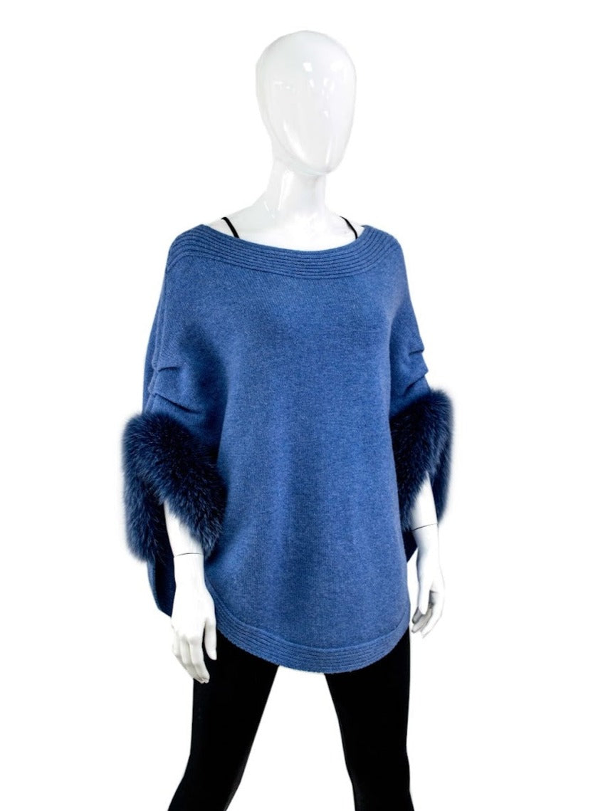 Knitted Poncho with Fox Trim [Denim-POIM10]