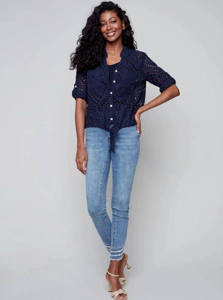 Long Sleeve Eyelet Button Down Front Tie Blouse [Marine-C4467]