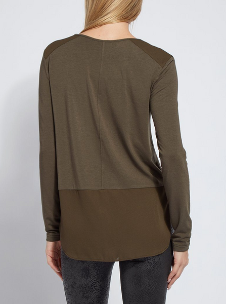 Lysse Festival Mixed Media Top in Deep Olive