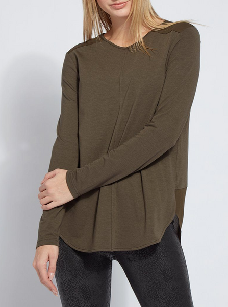 Lysse Festival Mixed Media Top in Deep Olive