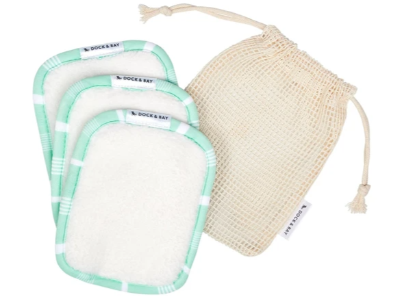 dock and bay make up removing pads set of 3 in eucalyptus green with neutral mesh wash bag