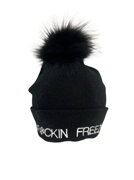 Mitchies Matchings Knitted Hat F*cking Freezing with Black Fox Pom Pom [Black-HTRA01]
