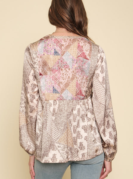 Mixed Printed Blouse [Berry/Salmon-55978]