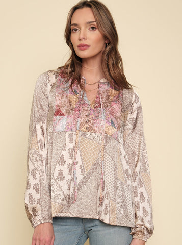 Mixed Printed Blouse [Berry/Salmon-55978]