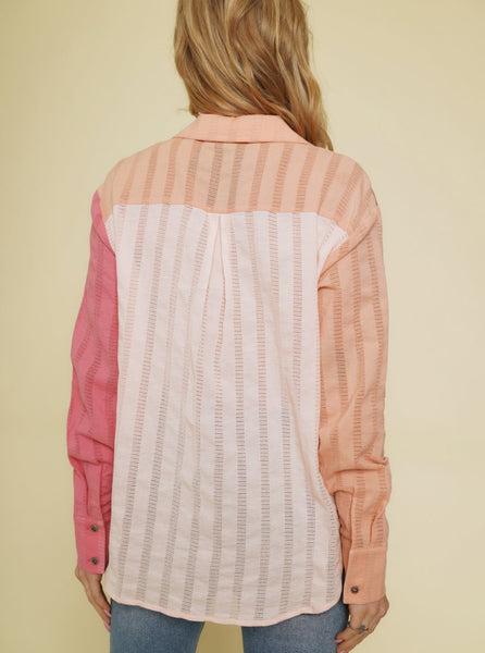 Mystree Color Block Button Down Shirt [Berry/Peach-55950]