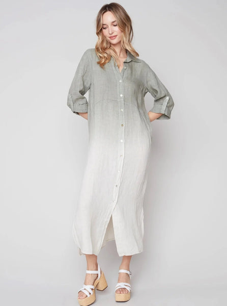 Ombre 3/4 Roll Up Sleeve Button Front Dress [Celadon-C3106]