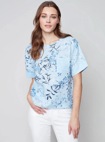 Printed Cuffed Short Sleeve Chest Pocket T-Shirt [Cerulean-C4474]