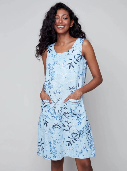 Printed Sleeveless Linen Dress With Pockets [Cerulean-C3109]