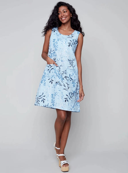 Printed Sleeveless Linen Dress With Pockets [Cerulean-C3109]