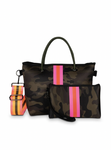 Haute Shore Ryan Crossbody Tote in Showoff Green camo with hot pink and neon orange stripe