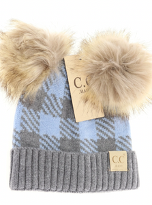 Buffalo Check Baby Beanie Double Pom [Lt. Grey/Pale Blue-Baby-25-Pom]