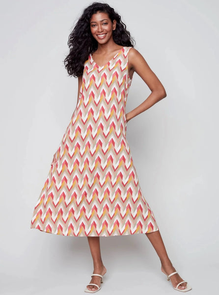 Sleeveless V-Neck Long Chevron Print Dress [Grapefruit-C3144]