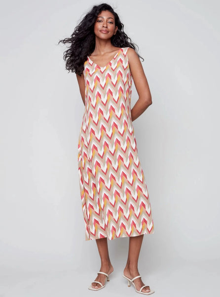 Sleeveless V-Neck Long Chevron Print Dress [Grapefruit-C3144]