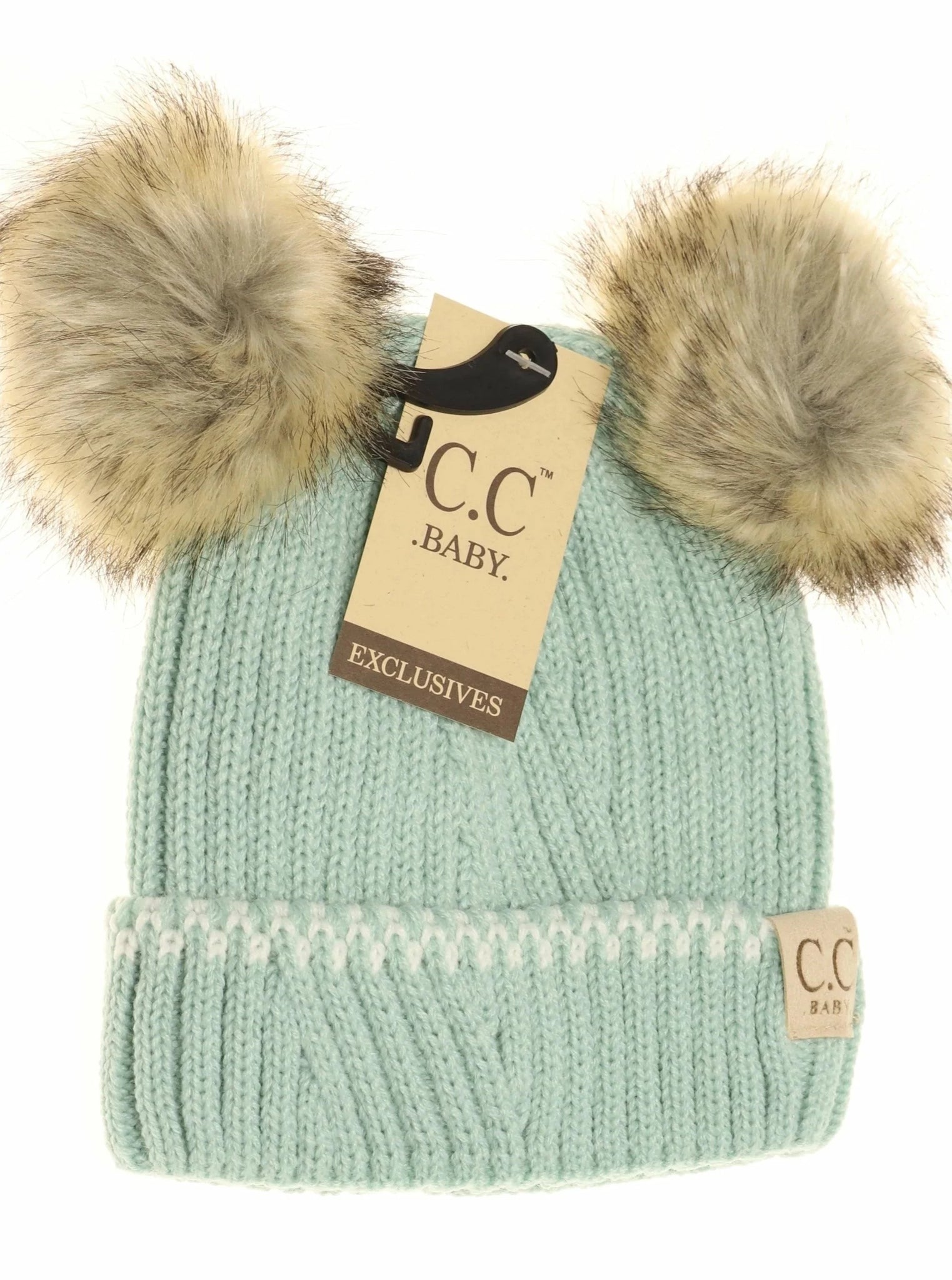 Solid Knit Double Pom Beanie For Baby [Mint/Ivory-Baby-920]